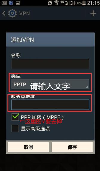 名称随便写；类型选择“PPTP”；服务器IP地址找客服索取